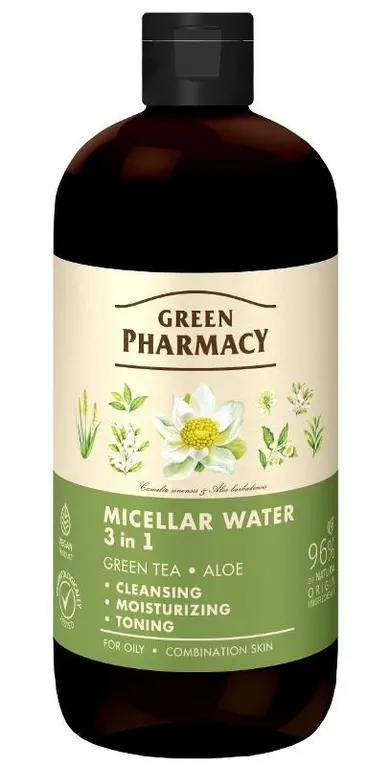 Green Pharmacy, woda micelarna 3w1, zielona herbata i aloes, 500 ml