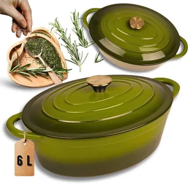 Hage, brytfanna żeliwna, emaliowana, gęsiarka, oliwkowa, 6l