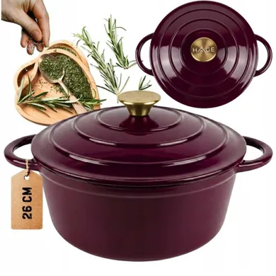 Hage, emaliowany garnek, żeliwny, eggplant, 22 cm, 3l