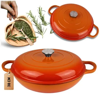 Hage, emaliowany garnek żeliwny, płaski, pomarańczowy, 30 cm, 3l