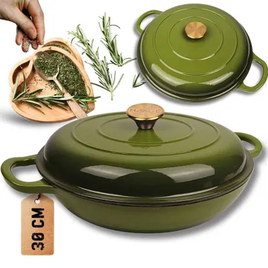 Hage, garnek żeliwny, emaliowany, płaski, oliwkowy, 30 cm, 3l