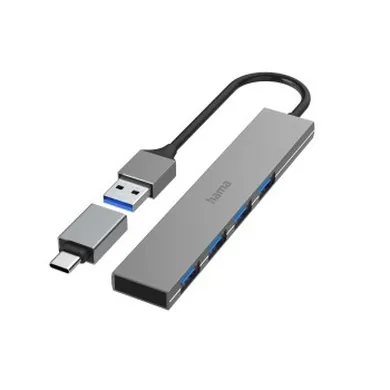 Hama, hub USB, 4 porty USB 3.2, gen1 5 gbit/s, ultra slim z adapterem USB-C