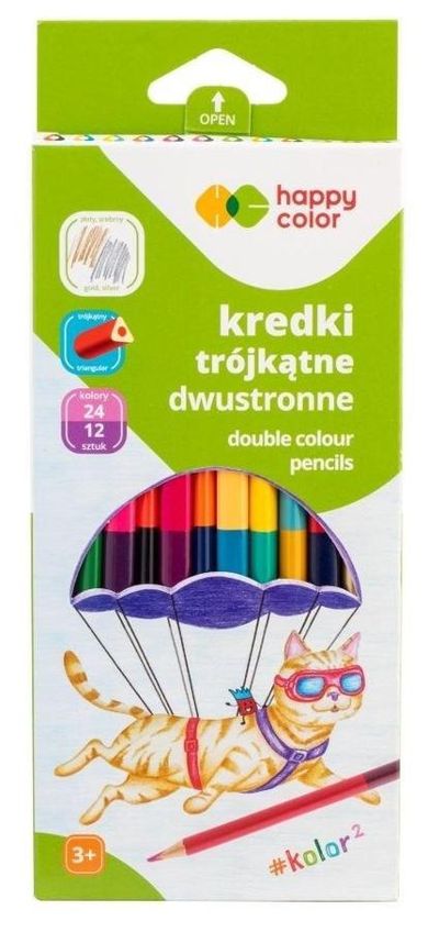 Happy Color, kredki ołówkowe trójkątne, dwustronne, 24 kolory, 12 szt.