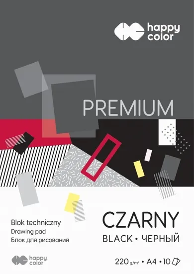 Happy Color, Premium, blok techniczny, czarny, A4, 220g, 10 arkuszy