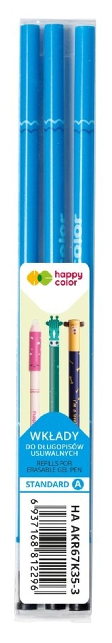 Happy Color, Standard A, wkłady do długopisu wymazywalnego, 0,5 mm, niebieski, 3 szt.