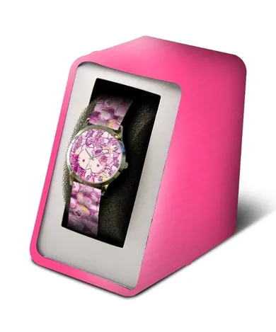 Hello Kitty, zegarek analogowy, z fioletowum paskiem, w metalowym opakowniu