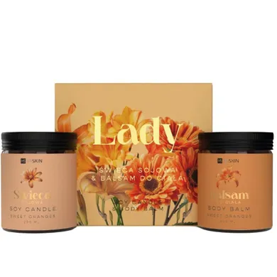 HiSkin, Lady Sweet Oranges, zestaw: świeczka sojowa, 200 ml + balsam do ciała, 200 ml