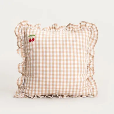 Homla, Abril, poszewka, beżowa w kratkę z ozdobnym haftem, 45-45 cm