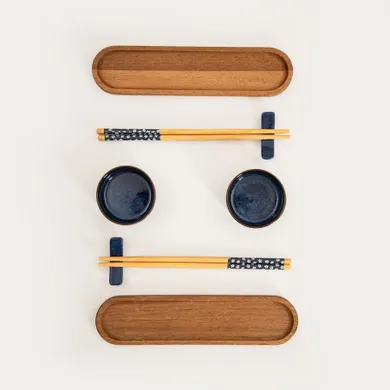 Homla, Akita, zestaw, do sushi z granatowymi miseczkami i akacjowymi deskami, 8 elementów
