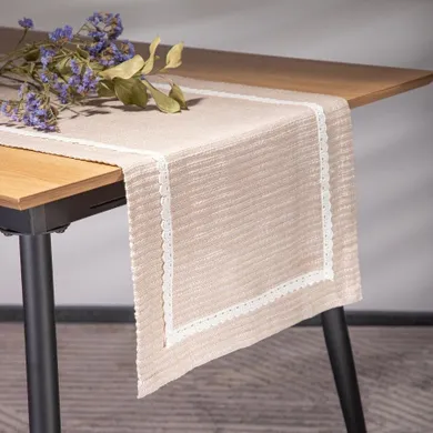 Homla, Aniza, bieżnik, beżowy z białą koronką, 40-160 cm