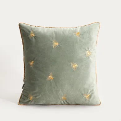 Homla, Camilla, poszewka, welurowa pistacjowa z haftowanymi pszczołami, 45-45 cm