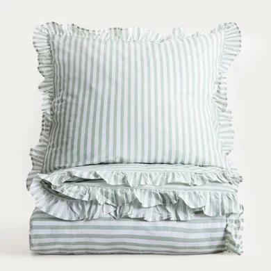 Homla, Trudy, pościel, bawełniana w pistacjowe paski z falbanką, 140-200 cm