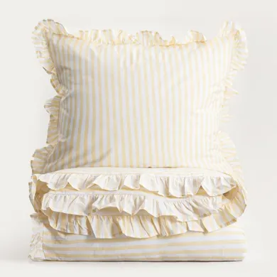 Homla, Trudy, pościel, bawełniana w żółte paski z falbanką, 140-200 cm