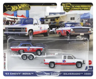 Hot Wheels, 50. rocznica, '63 Chevy Nova & '88 Chevy Silverado 3500, pojazdy transportowe Premium, skala 1:64, HRV42