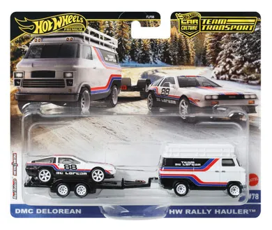 Hot Wheels, 50. rocznica, DMC Delorean & HW Rally Hauler, pojazd transportowy Premium, 1:64, JBM35