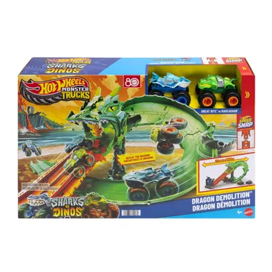 Hot Wheels, Monster Trucks, Rekiny vs Dinozaury Smoczy wyścig, zestaw do zabawy