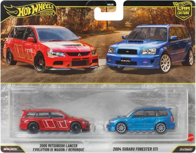 Hot Wheels, Premium, Kultowe auta, Mitsubishi Lancer Evolution IX Wagon & Subaru Forester, zestaw 2 pojazdów, 1:64, JHW46