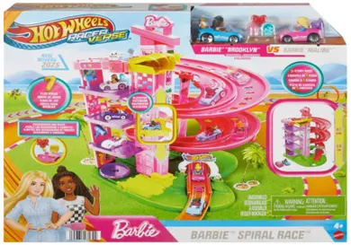 Hot Wheels, Zakręcony tor wyścigowy Barbie, zestaw z 2 autami