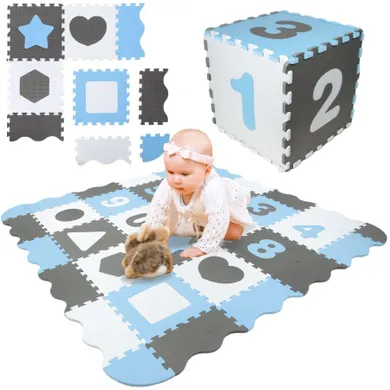 Humbi, mata piankowa, puzzle, cyferki i kształty, szary-biały-błękitny, 150-150 cm