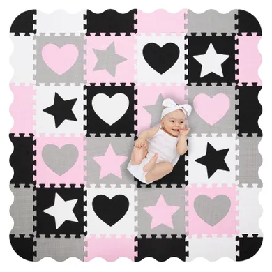 Humbi, mata piankowa, puzzle, gwiazdki i serduszka, czarny-biały-szary-różowy, 150-150 cm