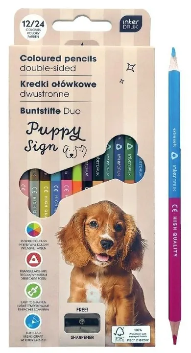 Interdruk, Puppy Sign, kredki ołówkowe, dwustronne, z temperówką, 24 kolory