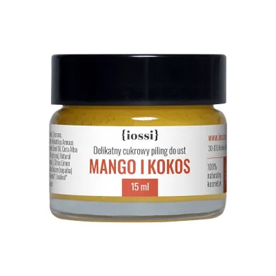 Iossi, Mango i Kokos, delikatny cukrowy peeling do ust z woskiem pszczelim, 15 ml