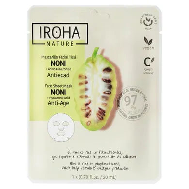Iroha Nature, Anti-Age Face Sheet Mask Noni + Hyaluronic Acid, przeciwstarzeniowa maska w płachcie z morwą indyjską i kwasem hialuronowym, 20 ml