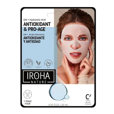 Iroha Nature, Antioxidant & Pro-Age Tissue Face Mask, przeciwstarzeniowa maska w płachcie z koenzymem Q10 i kwasem hialuronowym, 20 ml