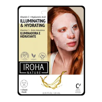 Iroha Nature, Illuminating & Hydrating Tissue Face Mask, rozświetlająco-nawilżająca maska w płachcie z witaminą C i kwasem hialuronowym, 20 ml