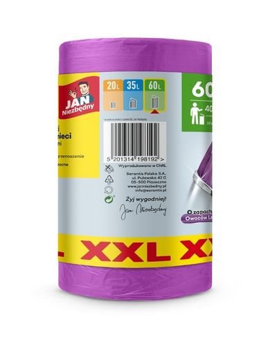 Jan Niezbędny, worki na śmieci z uszami, zapach owoców leśnych, 60l, XXL, 40 szt.