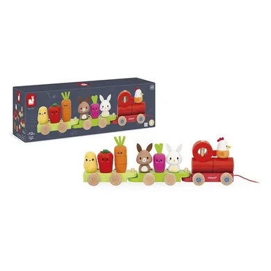 Janod, Farma, pociąg z klockami i figurkami do ciągnięcia