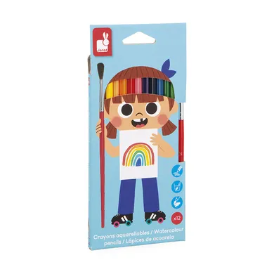 Janod, kredki akwarelowe z pędzelkiem, 12 kolorów