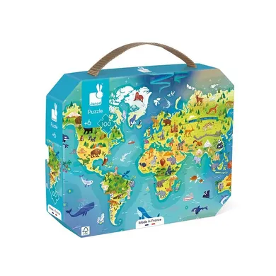 Janod, puzzle w walizce, Mapa świata, 100 elementów