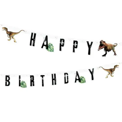 Jurassic Park, girlanda, Happy Birthday, dinozaur T-Rex, 200 cm