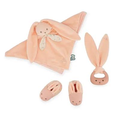 Kaloo, Lapinoo, Królik, zestaw prezentowy 3w1: komforter + gryzak + buciki, brzoskwiniowy