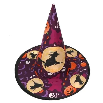 Kapelusz czarownicy z wiedźmą i dyniami, fioletowy