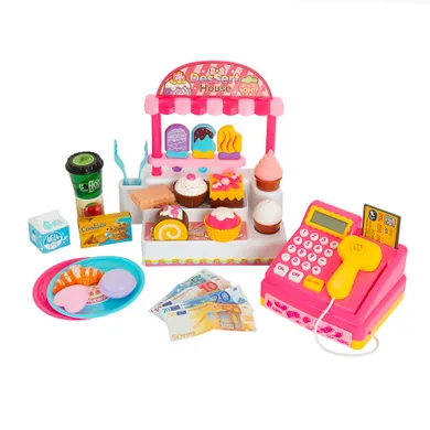 Kasa fiskalna z akcesoriami, światło i dźwięk, różowa