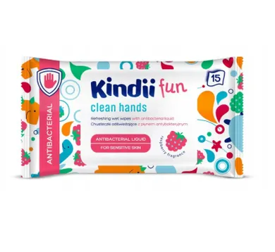 Kindii, Fun Antibacterial, chusteczki odświeżające z płynem antybakteryjnym, 15 szt.