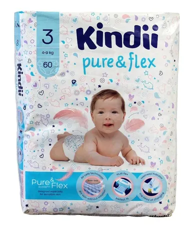 Kindii, Pure & Flex, pieluchy jednorazowe 3, 4-9 kg, 60 szt.