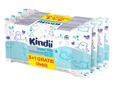 Kindii, Pure Water 99%, chusteczki nawilżane, 3+1 gratis, 4-60 sztuk