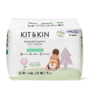Kit & Kin, biodegradowalne pieluszki jednorazowe, rozmiar 4, Maxi Plus, 9-14 kg, lisek i tygrysek, 32 szt.