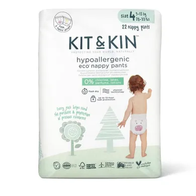 Kit and Kin, biodegradowalne pieluchomajtki, Nappy Pants, rozmiar 4, 9-15 kg, hippo i leopard, 22 szt.