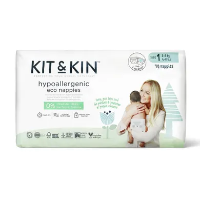 Kit and Kin, biodegradowalne pieluszki jednorazowe, rozmiar 1, Mini, 2-5 kg, owieczka i sówka, 40 szt.