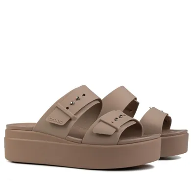 Klapki damskie, brązowe, Crocs Brooklyn Buckle Lowwdg