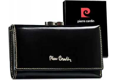 Klasyczny portfel damski ze skóry naturalnej na bigiel i zatrzask, Pierre Cardin