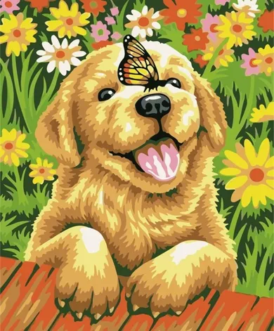 Koh-i-Noor, malowanie po numerach, podobrazie Piesek z motylem, 40-50 cm