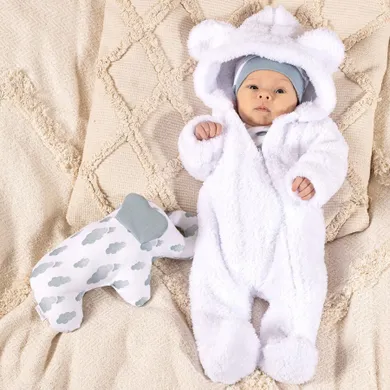 Kombinezon przejściowy chłopięcy z kapturem, ocieplany, biały, Nicol