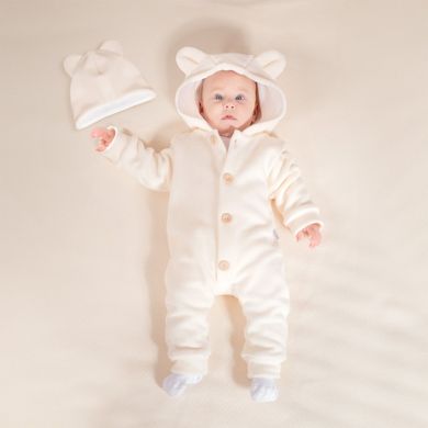 Kombinezon przejściowy chłopięcy z kapturem, ocieplany, Czapka, ecru, Nicol