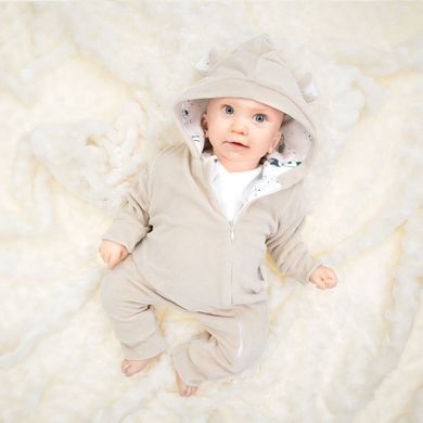 Kombinezon przejściowy chłopięcy z kapturem, ocieplany, welurowy, beżowy, Nicol