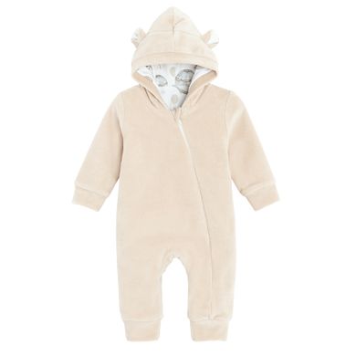 Kombinezon przejściowy chłopięcy z kapturem, welurowy, beżowy, Nicol